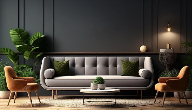 Over an empty wall background Generative AI created a living room wall mockup with a sofa and armchair decorated in a boho style