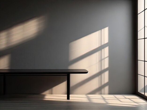 Empty wall background with table and sun shadows generated by AI