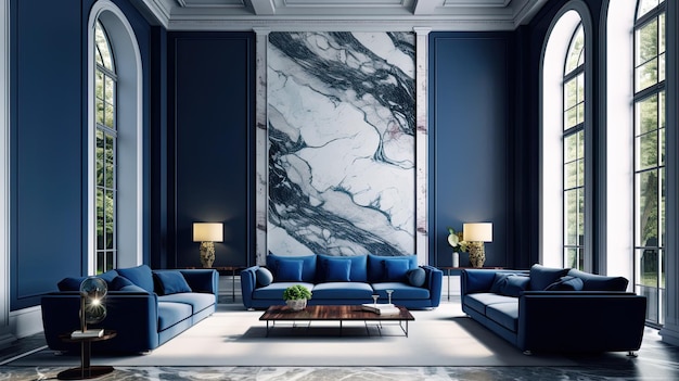 An empty wall in a blue navy and white living room lounge A space with vivid colors and marble flooring modelled art room