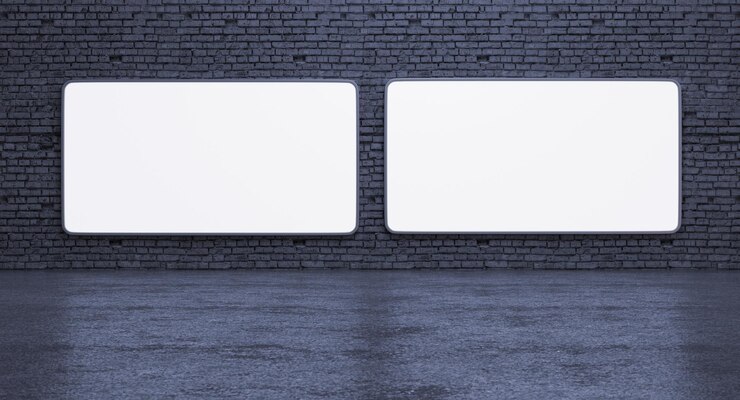 Photo empty wall corner luminous led banner 2 screen billboard mockup front view 3d render