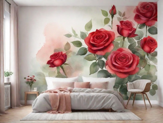 An empty wall featuring a watercolorstyle mural of roses This can introduce a soft and artistic atmosphere to any space