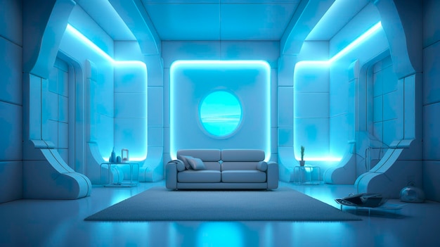 フューチュリスティックなサイ・フィ・リビングルームの空っぽの壁 - ライト・イエロー・ライト・シアン・ライト・ブルー・ネオン・AI・ジェネレーティブ