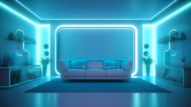 Empty wall in a futuristic sci fi living room with light yellow light cyan and light blue neon