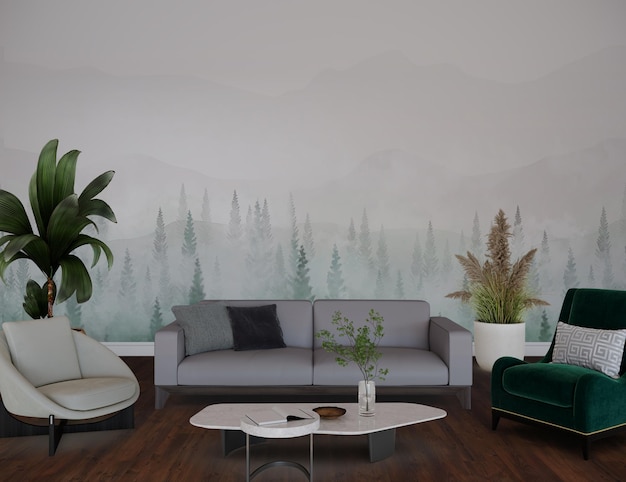 Empty wall mockup behind comfortable modern couch