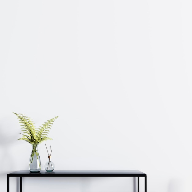Foto parete vuota per poster mockup con tavolo e pianta in un vaso di vetro rendering 3d