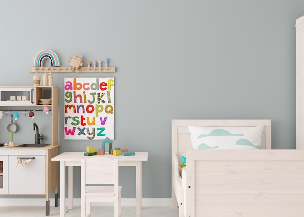 Parete vuota nella moderna stanza dei bambini mock up interni in stile scandinavo copia spazio per la tua foto o poster tavolo da letto e giocattoli per sedie camera accogliente per bambini rendering 3d