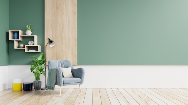 Empty wall in pastel modern interior with green and white wall with blue armchair and wood shelves.