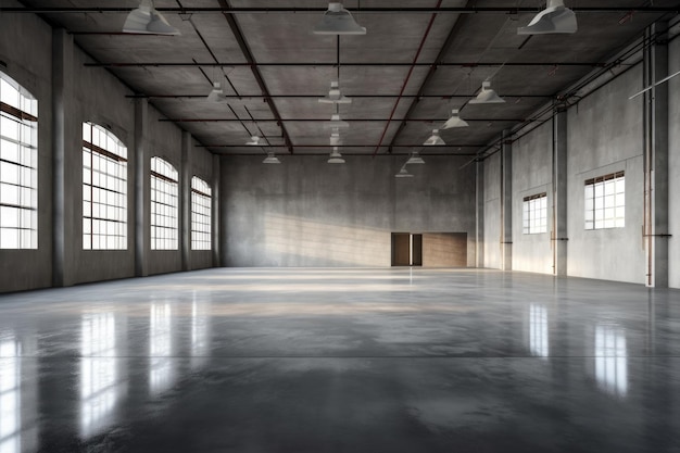 Empty warehouse space with concrete floor and high ceiling created with generative ai