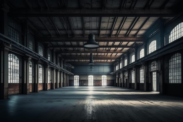 Empty warehouse with lots of windows and light hanging from the ceiling in the middle of the room Generative AI