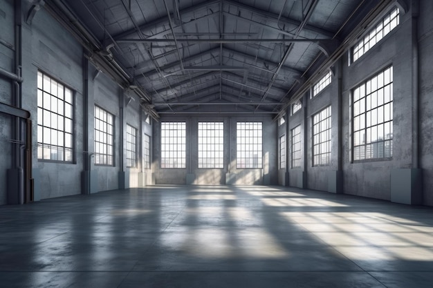 Empty warehouse with natural lighting and concrete flooring Generative AI