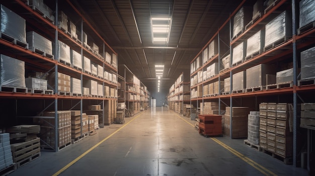 An empty warehouse with shelves and boxes Generative AI