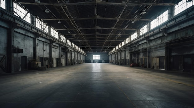 An empty warehouse with windows and no people generative AI