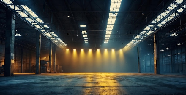 empty warehouse with yellow light beam in dark room and smoke in room