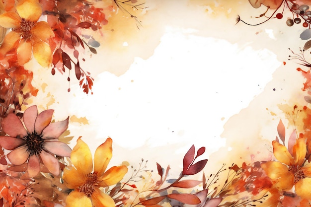 Empty watercolor autumn frame with floral elements behind