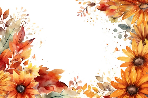 Empty watercolor autumn frame with floral elements behind