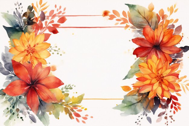 Empty watercolor autumn frame with floral elements behind