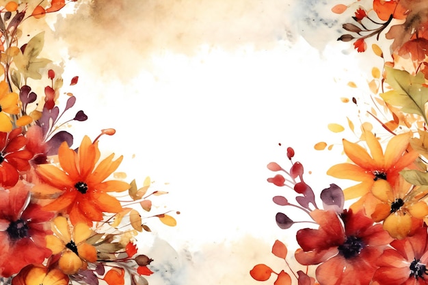 Empty watercolor autumn frame with floral elements behind