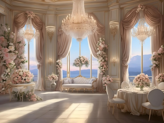 Empty wedding hall with elegant decorations soft lighting and intricate floral arrangements high