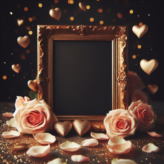 AI が生成した桃のバラの花びらの装飾を備えた空の結婚式の写真フレームのモックアップ