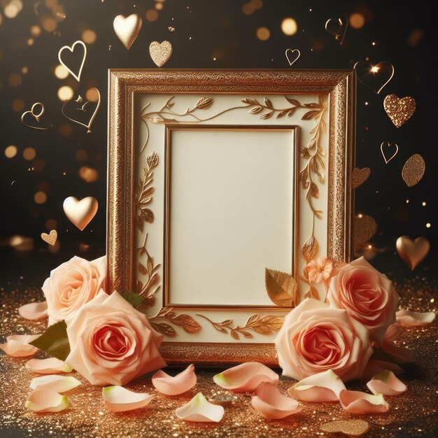 empty wedding picture frame mockup with peach rose petals decoration ai generated