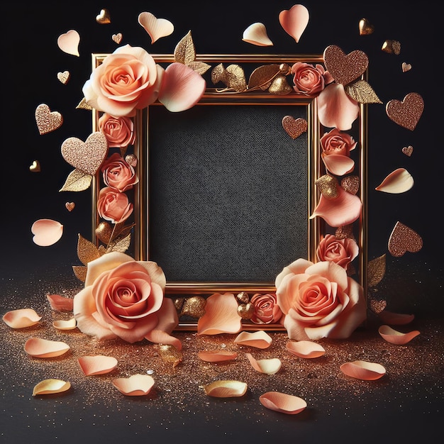 AI が生成した桃のバラの花びらの装飾を備えた空の結婚式の写真フレームのモックアップ