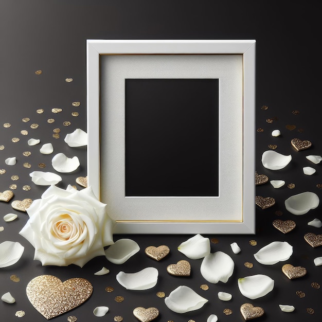 Empty wedding picture frame mockup with white rose petals decoration ai generated