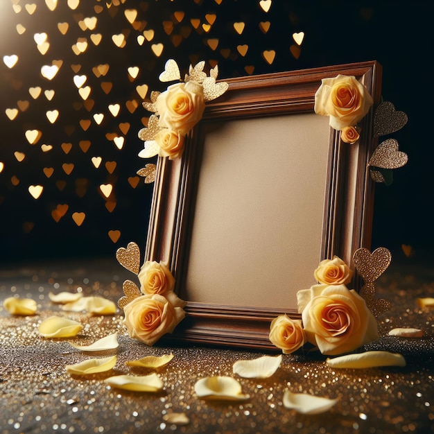 Foto mockup di cornice per foto di nozze vuota con decorazione di petali di rosa gialli generato ai