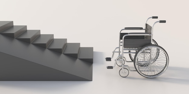 Empty wheel chair infront of a staircase with a ramp
accessibility for disabled and handicapped concept 3d
illustration