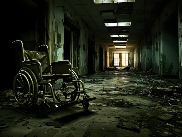 An empty wheelchair in an abandoned hospital aisle