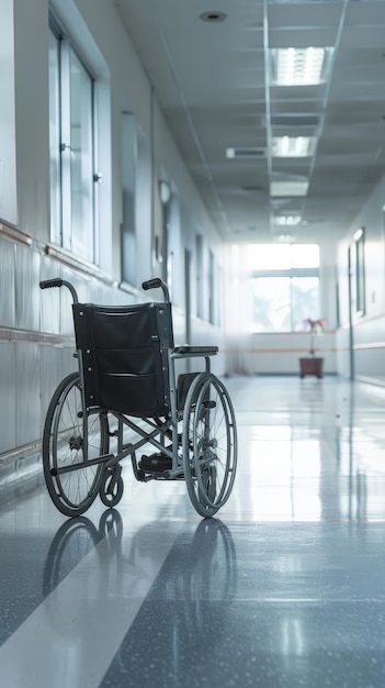 Empty wheelchair in a hospital corridor Accessibility and patient care concept