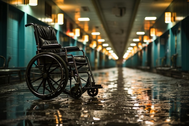 患者の一時不在を示す空の車椅子が病棟内に置かれている