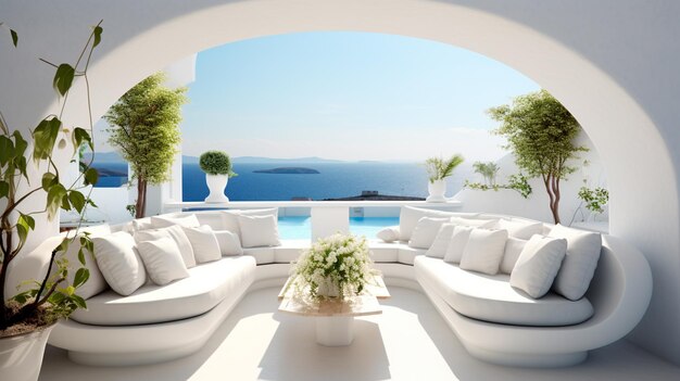 empty white balcony with furniture overlooking the blue ocean sea