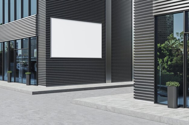 사진 현대 사무실 건물 비즈니스 및 건축 개념에 빈 흰색 배너 3d 렌더링을 모의