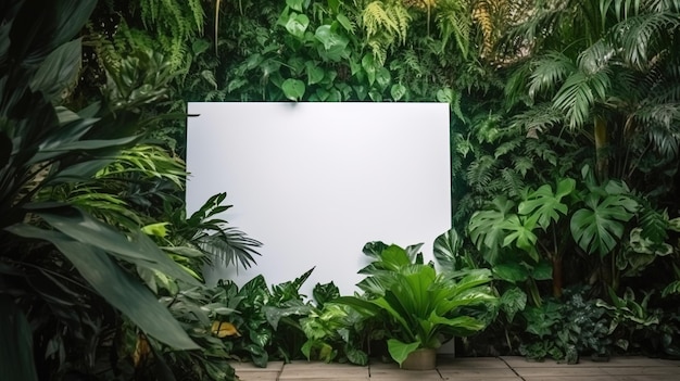 植物の壁のテキスト用のスペースに看板の白いスペースをモックアップした空の白いバナー