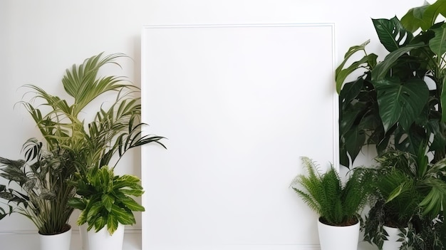 Foto striscione bianco vuoto con finto spazio bianco dell'insegna sullo spazio della parete delle piante per il testo
