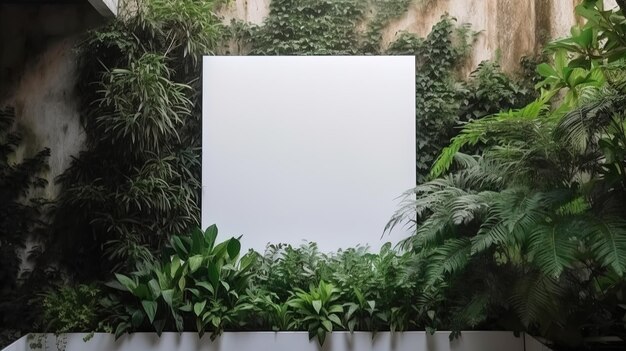 Empty white banner with mock up space white of signboard on plants wall space for text