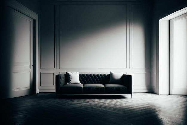 Empty white big room degradade with a black sofa