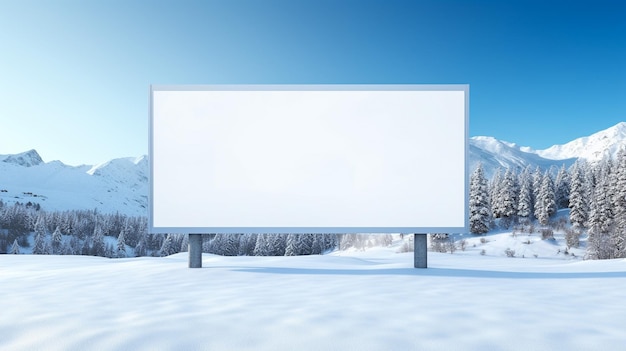 Empty white billboard on the side of highway in forest during sunrise fog