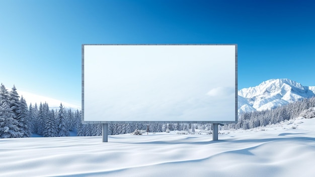 Empty white billboard on the side of highway in forest during sunrise fog