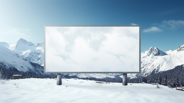 Empty white billboard on the side of highway in forest during sunrise fog