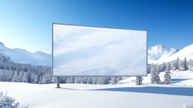 Empty white billboard on the side of highway in forest during sunrise fog