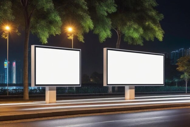 empty white blank street billboard at night blank white glowing signboard on roadside in city
