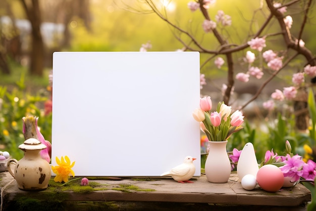 Empty white board in spring garden with flowers Easter eggs