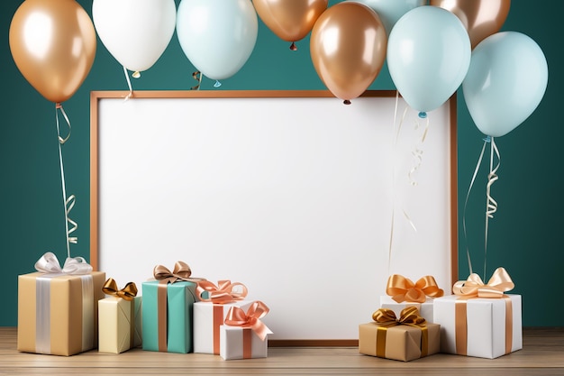 Empty white board with balloons and gift boxes