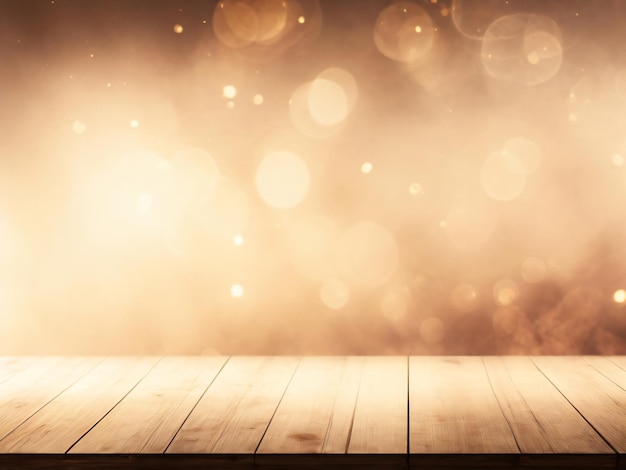 Empty white brown wooden table background with smoke and bokeh lights