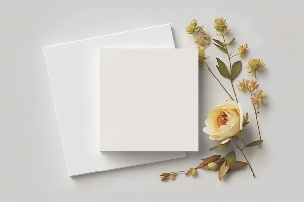 A empty white card for text on a table surrounded by flowers Generated AI