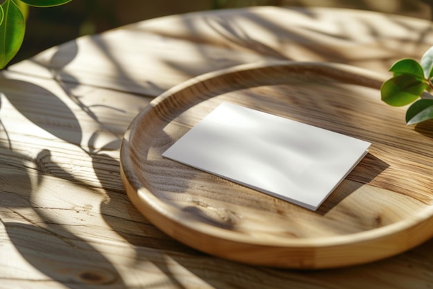 Empty white card on a wooden plate in sunlight with plant shadows