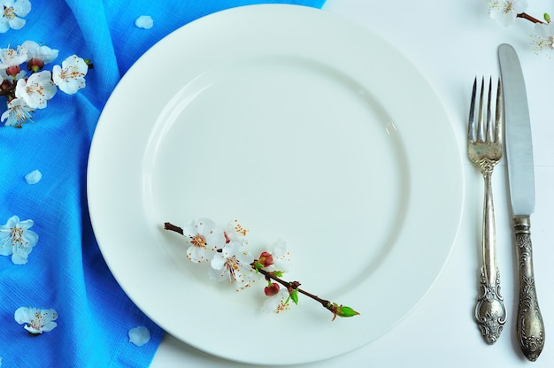 Empty white ceramic plate with iron vintage cutlery 