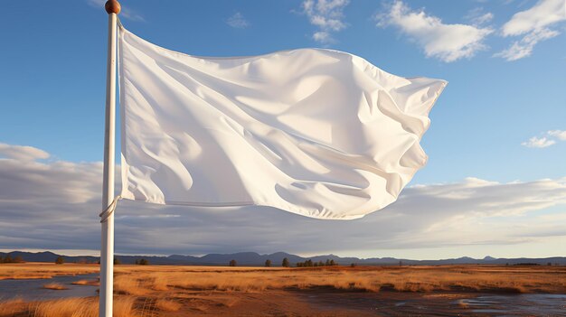 Empty white clear flag waving against clean blue sky close up isolated Mock up template