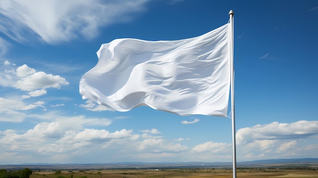 きれいな青い空を背景に手を振る空の白い明確な旗をクローズアップ分離モックアップテンプレート